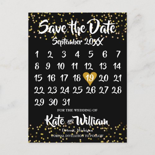 Gold Love Heart Calendar Save the Date Announcement Postcard