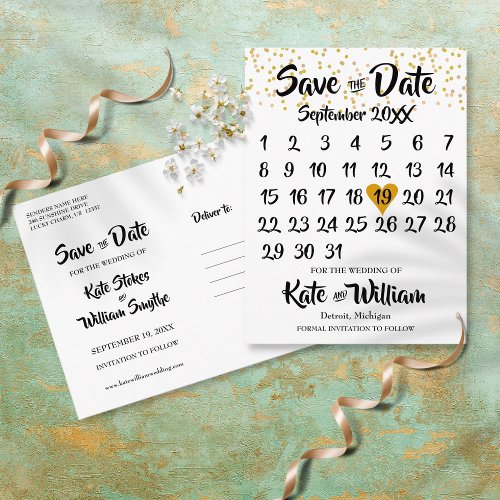 Gold Love Heart Calendar Save the Date Postcard