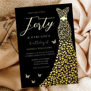 Gold Love Heart Dress Black 40th Birthday Party Foil Invitation
