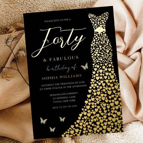 Gold Love Heart Dress Black 40th Birthday Party Foil Invitation