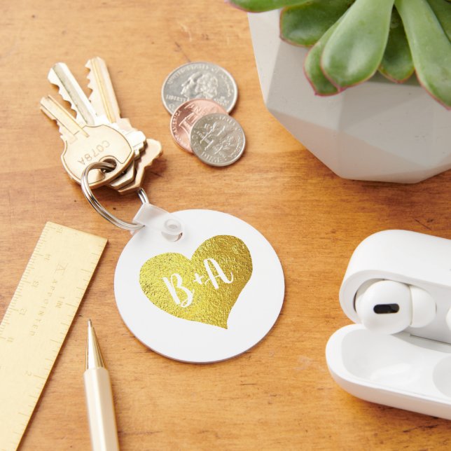 Gold Love Heart with Bride & Groom Initials Keychain (Desk)