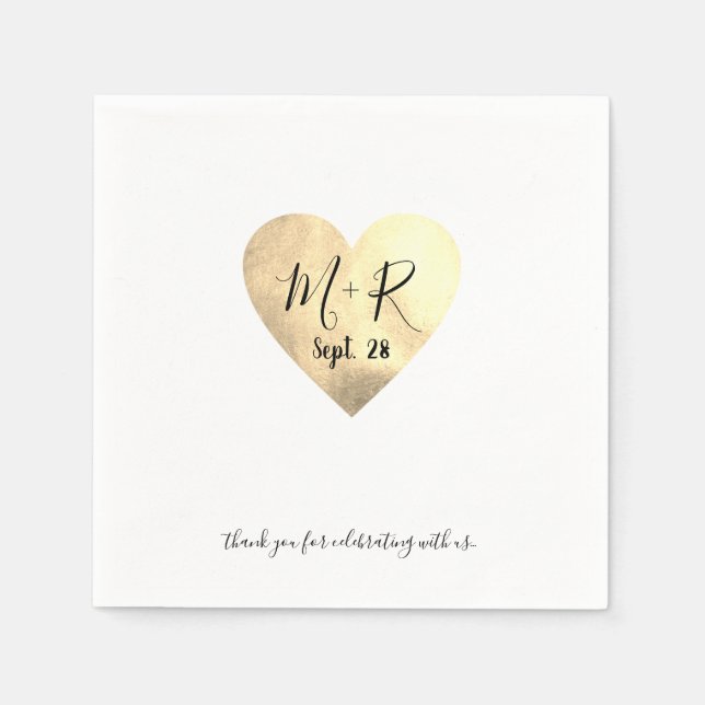 Gold Love Heart with script Initials Wedding Napkins (Front)