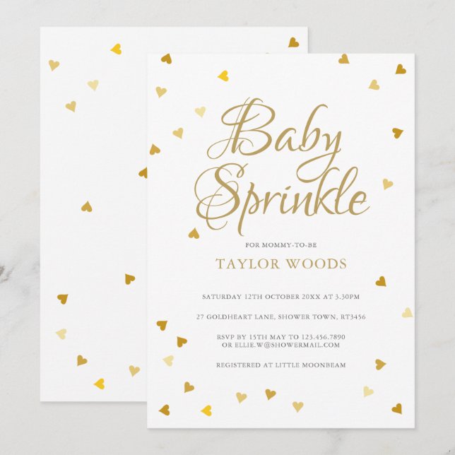 Gold Love Hearts Confetti Baby Sprinkle / Shower Invitation (Front/Back)