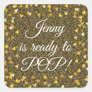 Gold Love Hearts Glitter Ready to Pop Baby Shower Square Sticker
