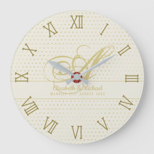 Gold Love Hearts Monogram Wedding Gift Newlyweds Large Clock