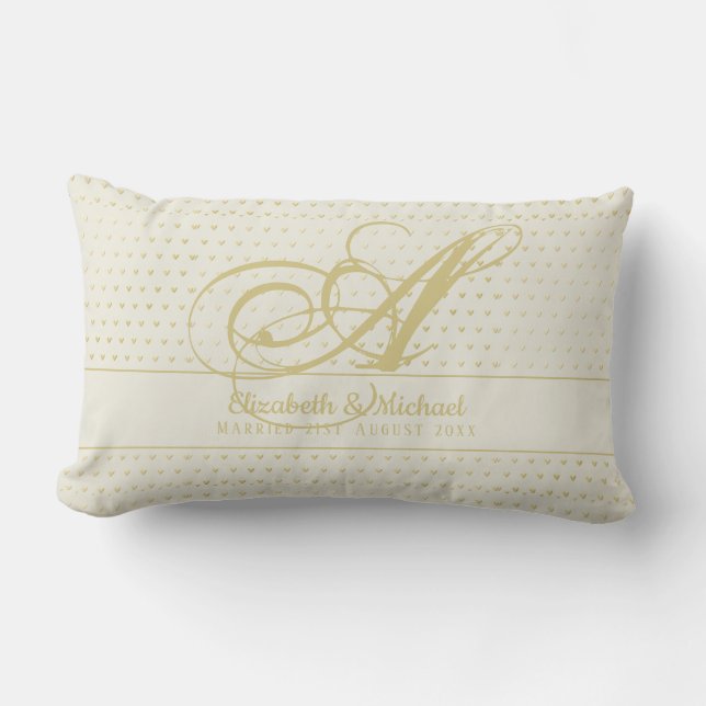 Gold Love Hearts Monogram Wedding Gift Newlyweds Lumbar Pillow (Front)