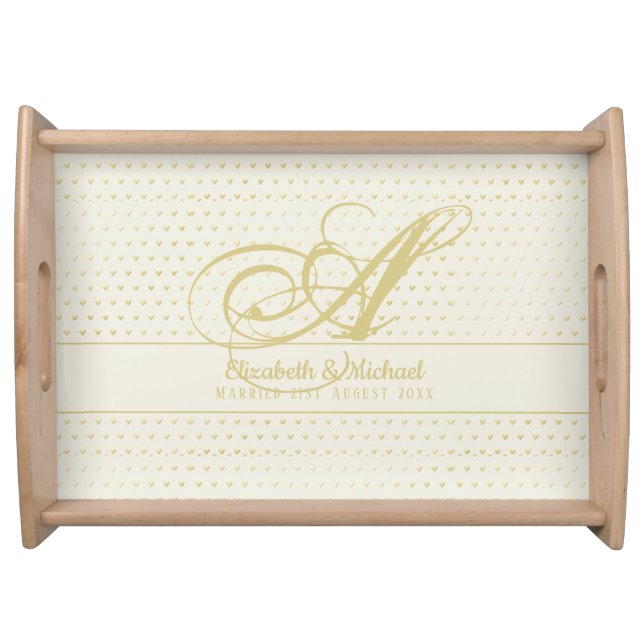 Gold Love Hearts Monogram Wedding Gift Newlyweds Serving Tray (Front)