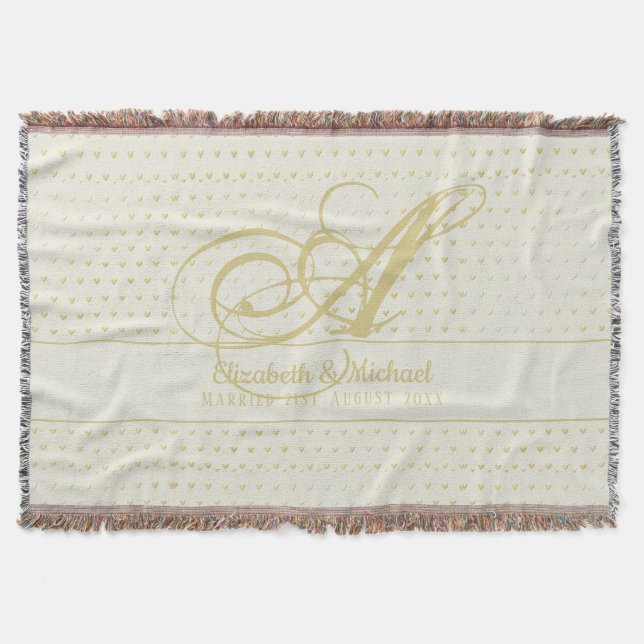 Gold Love Hearts Monogram Wedding Gift Newlyweds Throw Blanket (Front)