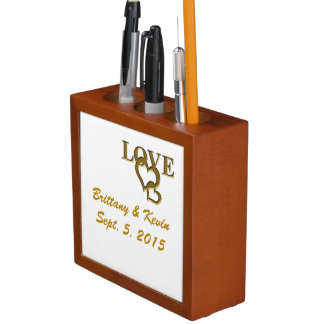 Gold Love Hearts, Name & Dates Wed Desk Organizer