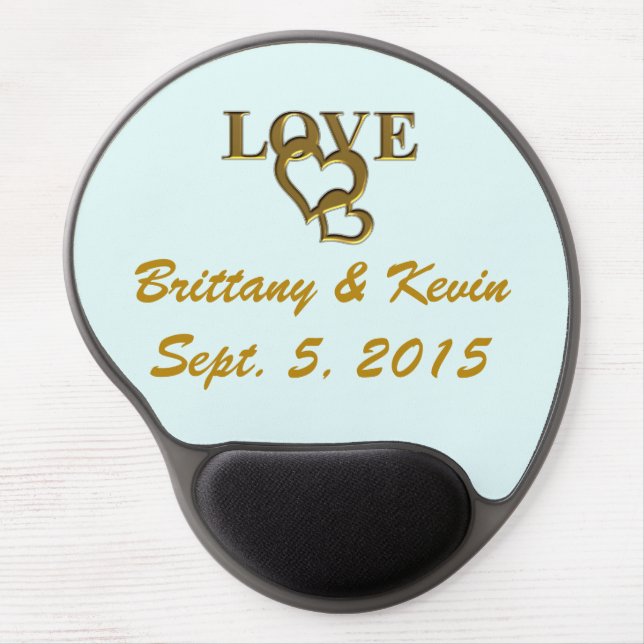 Gold Love Hearts, Names & Date Wed Gel Mousepad (Front)