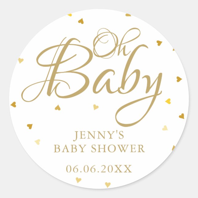 Gold Love Hearts Oh Baby Baby Shower / Sprinkle Classic Round Sticker (Front)