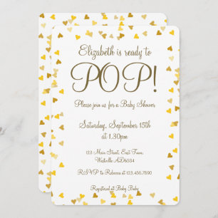 Gold Love Hearts Ready to Pop Baby Shower/Sprinkle Invitation