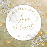 Gold Love Is Sweet Wedding Favor Classic Round Sticker<br><div class="desc">Gold wedding favor love is sweet classic round sticker. Designed by Thisisnotme©</div>