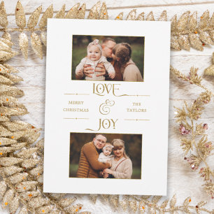 Gold Love & Joy Typography 2-Photo Holiday Card