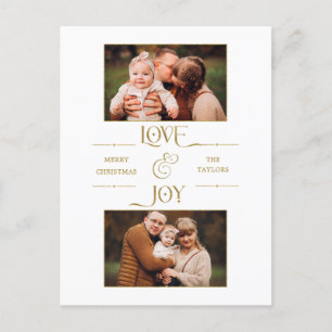Gold Love & Joy Typography 2-Photo Holiday Postcard