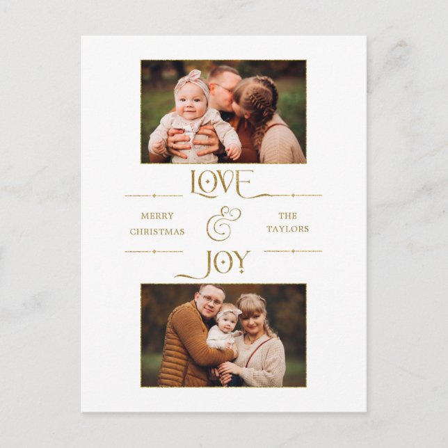 Gold Love & Joy Typography 2-Photo  Holiday Postcard (Front)