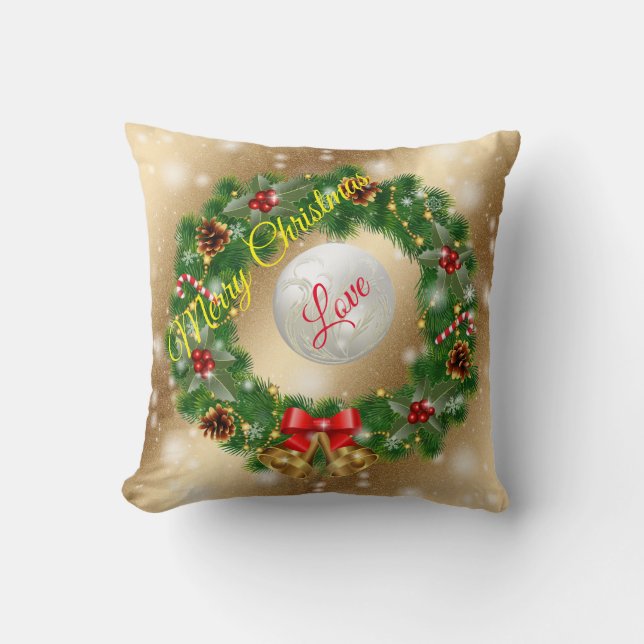 Gold Love Merry Christmas Throw Pillow (Front)