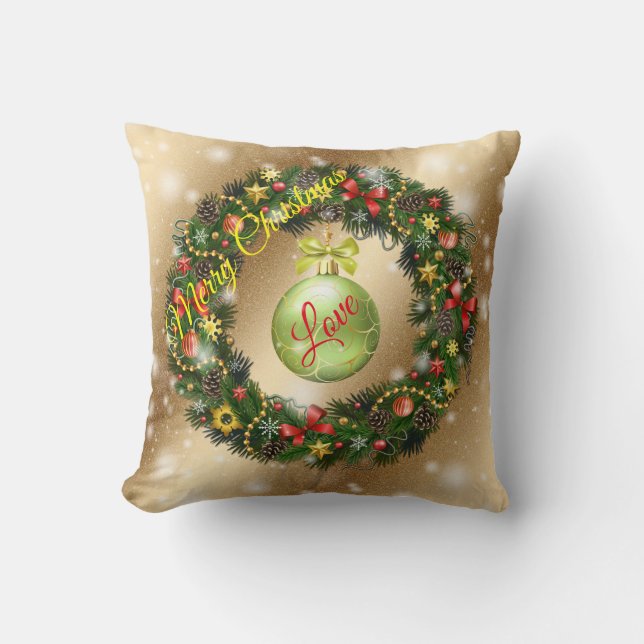 Gold Love Merry Christmas Throw Pillow (Front)