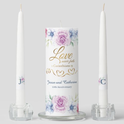 Gold Love Never Fails Bible Verse Lavender Rose Unity Candle Set