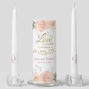Gold Love Never Fails Bible Verse Peach Rose Unity Candle Set
