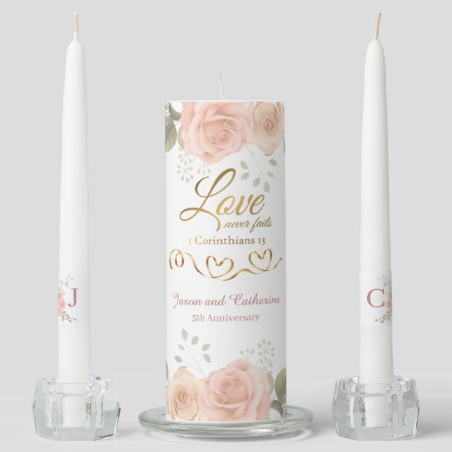 Gold Love Never Fails Bible Verse Peach Rose Unity Candle Set (Front)