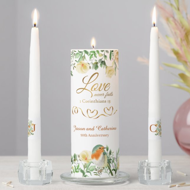 Gold Love Never Fails Bible Verse Robin Cream Rose Unity Candle Set (In Situ)