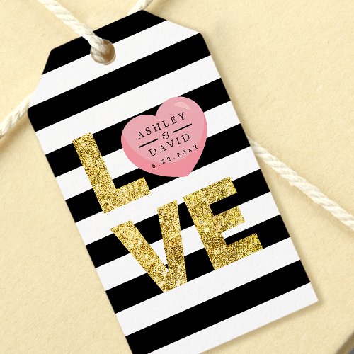 Wedding Favor Tags 6 Gold Love Pink Heart Black &Amp;Amp; White Stripes Wedding Gift Tags