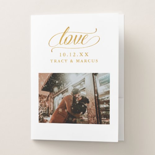 Gold Love Script Couple Engagement Photo Wedding Pocket Folder