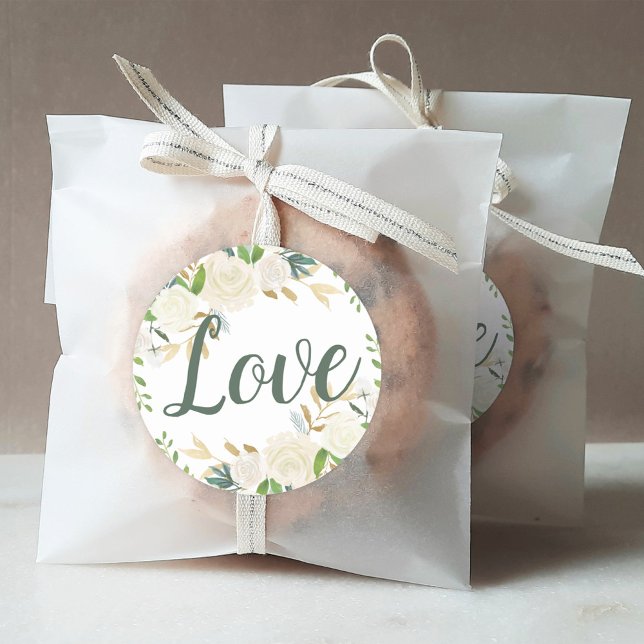 Gold Love Script Greenery Wreath Wedding Classic Round Sticker (Creator Uploaded)