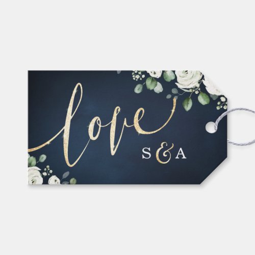 Gold love script navy blue white floral wedding gi gift tags