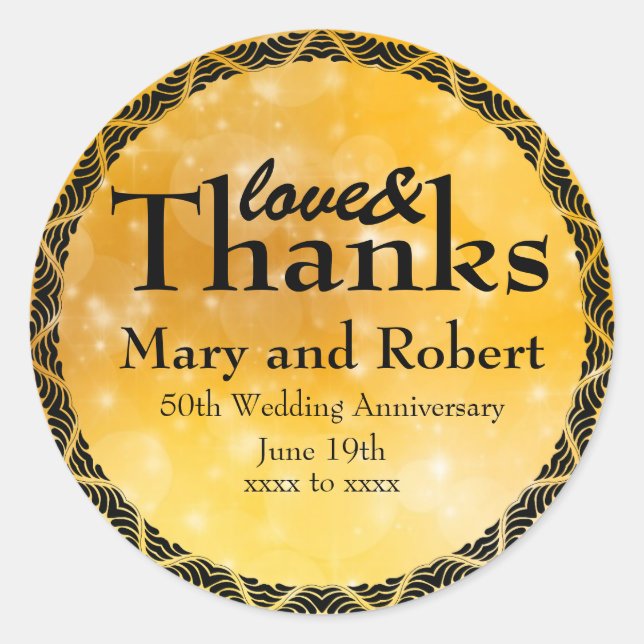 Gold Love & Thanks 50th Wedding Anniversary Custom Classic Round Sticker (Front)