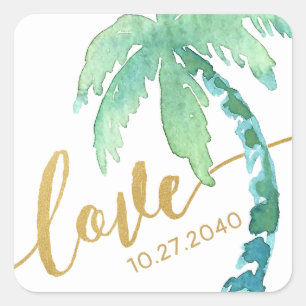 Gold Love Watercolor Palm Tree Beach Wedding Square Sticker