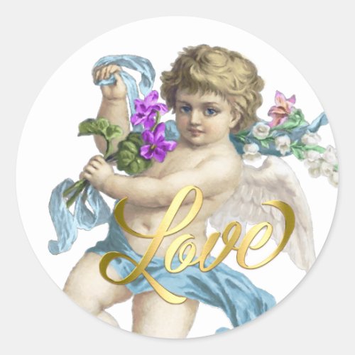 Gold Love with Cherub Rose Blue Classic Round Sticker