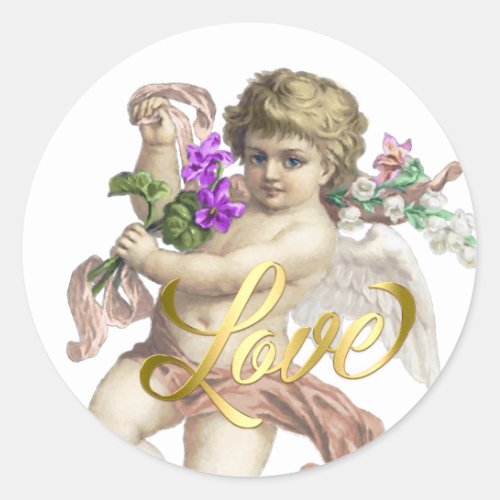 Gold Love with Cherub Rose Classic Round Sticker