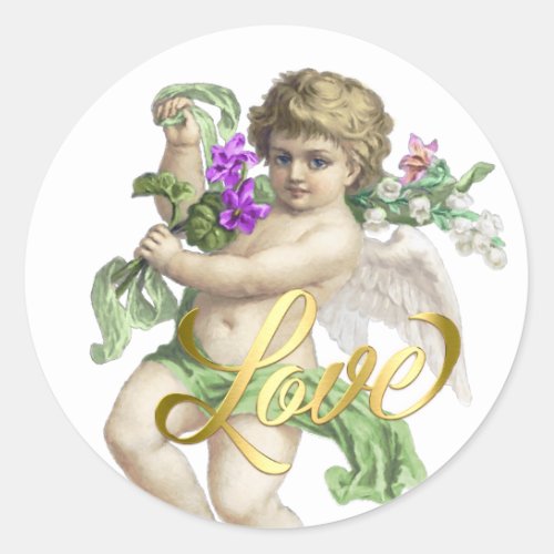Gold Love with Cherub Rose Green Classic Round Sticker