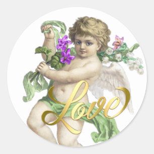 Gold Love with Cherub Rose Green Classic Round Sticker