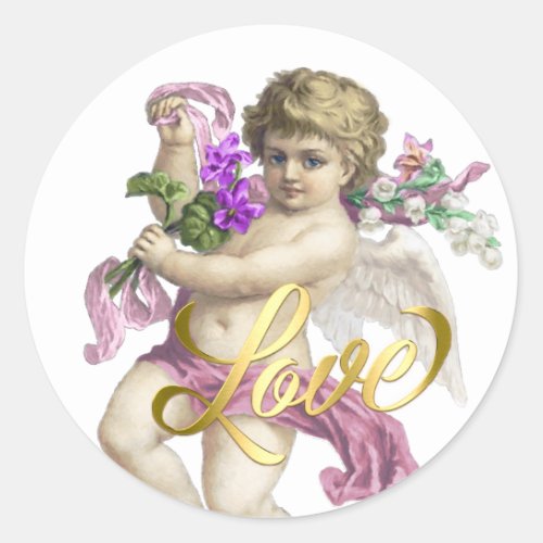 Gold Love with Cherub Rose Pink Classic Round Sticker