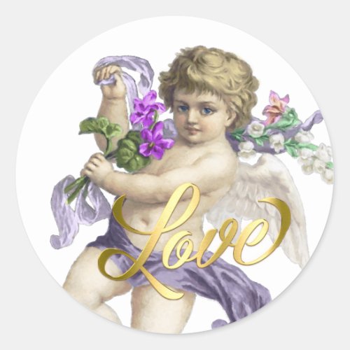 Gold Love with Cherub Rose Purple Classic Round Sticker