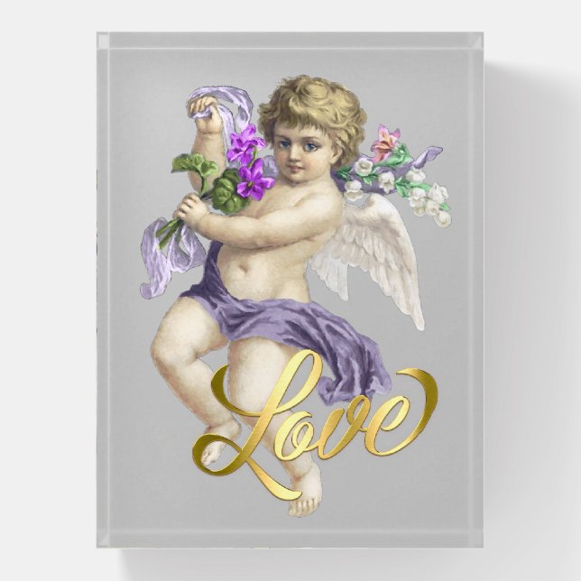 Gold Love with Cherub Rose Purple Paperweight (Vertical)