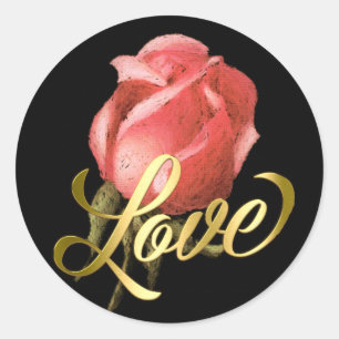 Gold Love with Coral Pink Rose Classic Round Sticker