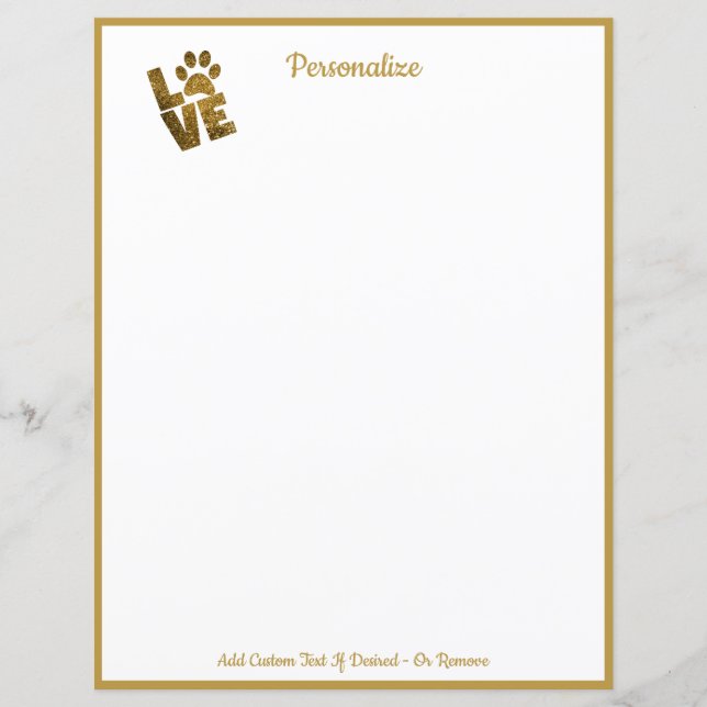 Gold Love your Pet Paw Print Writing Paper (Front)