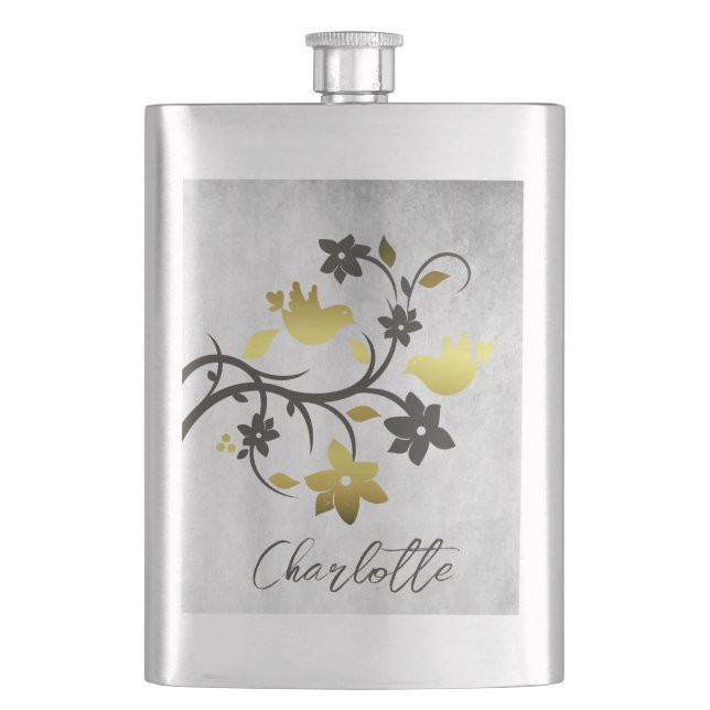 Gold Lovebirds Personalized Flask (Front)