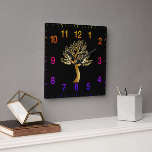 Gold lovers hearts Tree with rainbow numbers Square Wall Clock