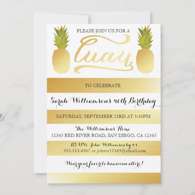 Gold Luau Party Invitation for Birthday, Shower (Front)