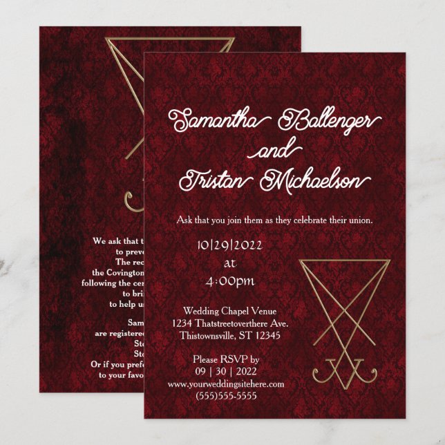 Gold Lucifer Sigil on Red Damask Satanic Wedding Invitation (Front/Back)