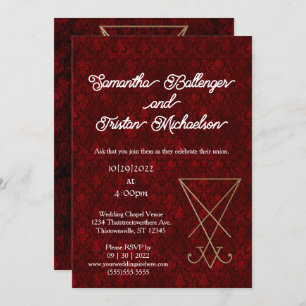 Gold Lucifer Sigil on Red Damask Satanic Wedding Invitation