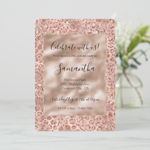 Gold Luxe Blush Pink Glitter Leopard Print Invitation