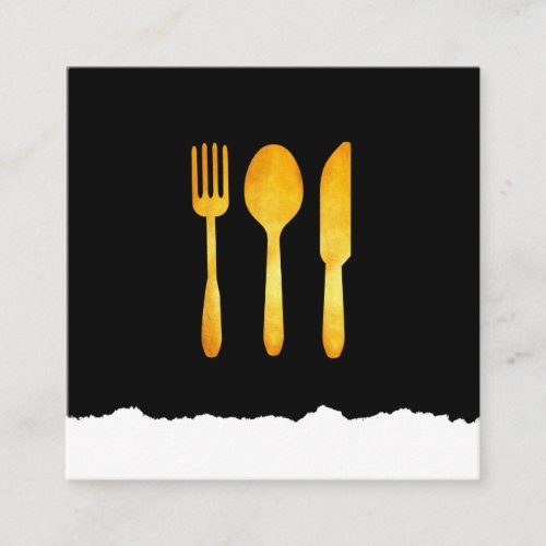 Gold Luxe Food Utensils Torn Look Square Business Card