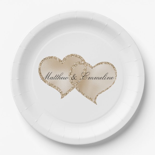 Gold Luxe Glitter Glitz Hearts Wedding      Paper Plates (Front)