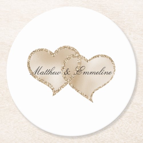 Gold Luxe Glitter Glitz Hearts Wedding       Round Paper Coaster